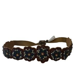 Elastic Waist‎ Belt Flower Beaded Accents Small Gold Brown Boho Indie